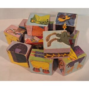 Vintage Wooden Picture Blocks Animal Train Puzzle Toy Mid Century Set